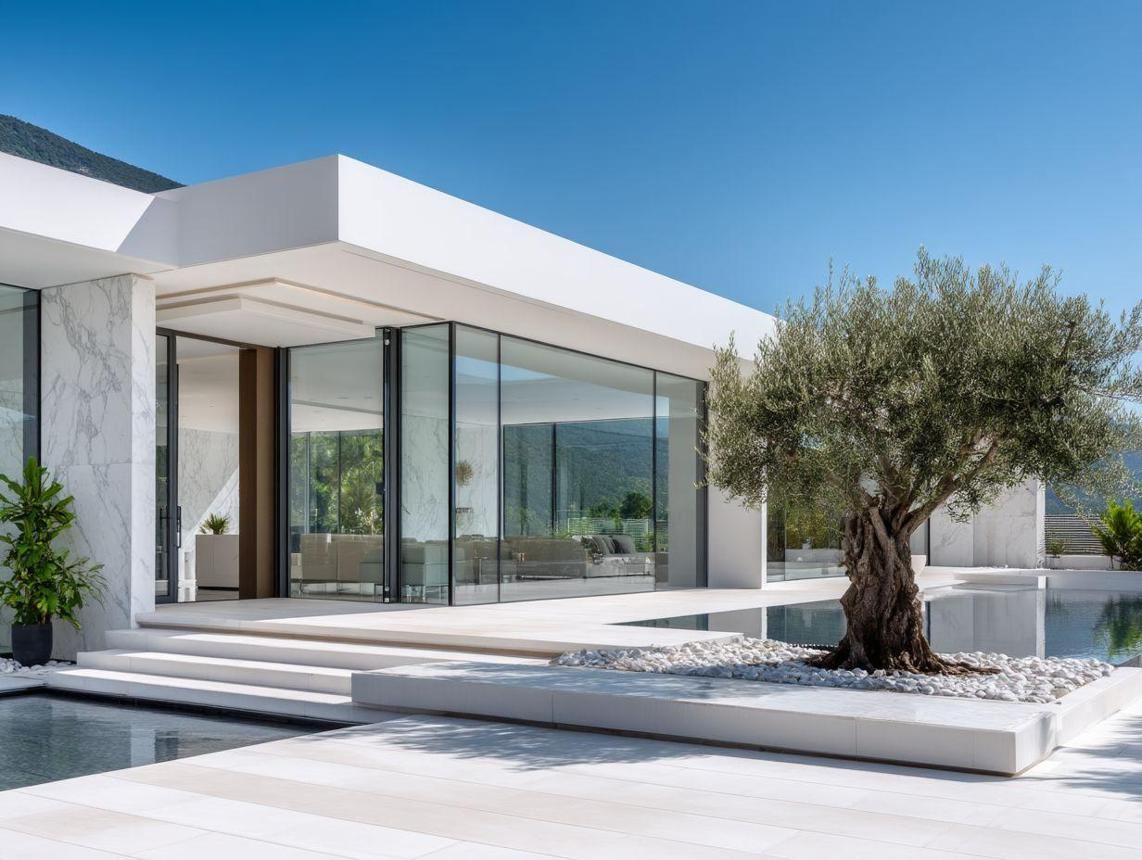 White sea-view villa with floor-to-ceiling glazing