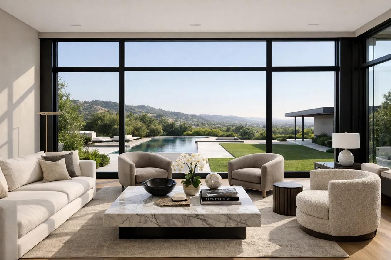 Living room with floor-to-ceiling windows opening to a valley view