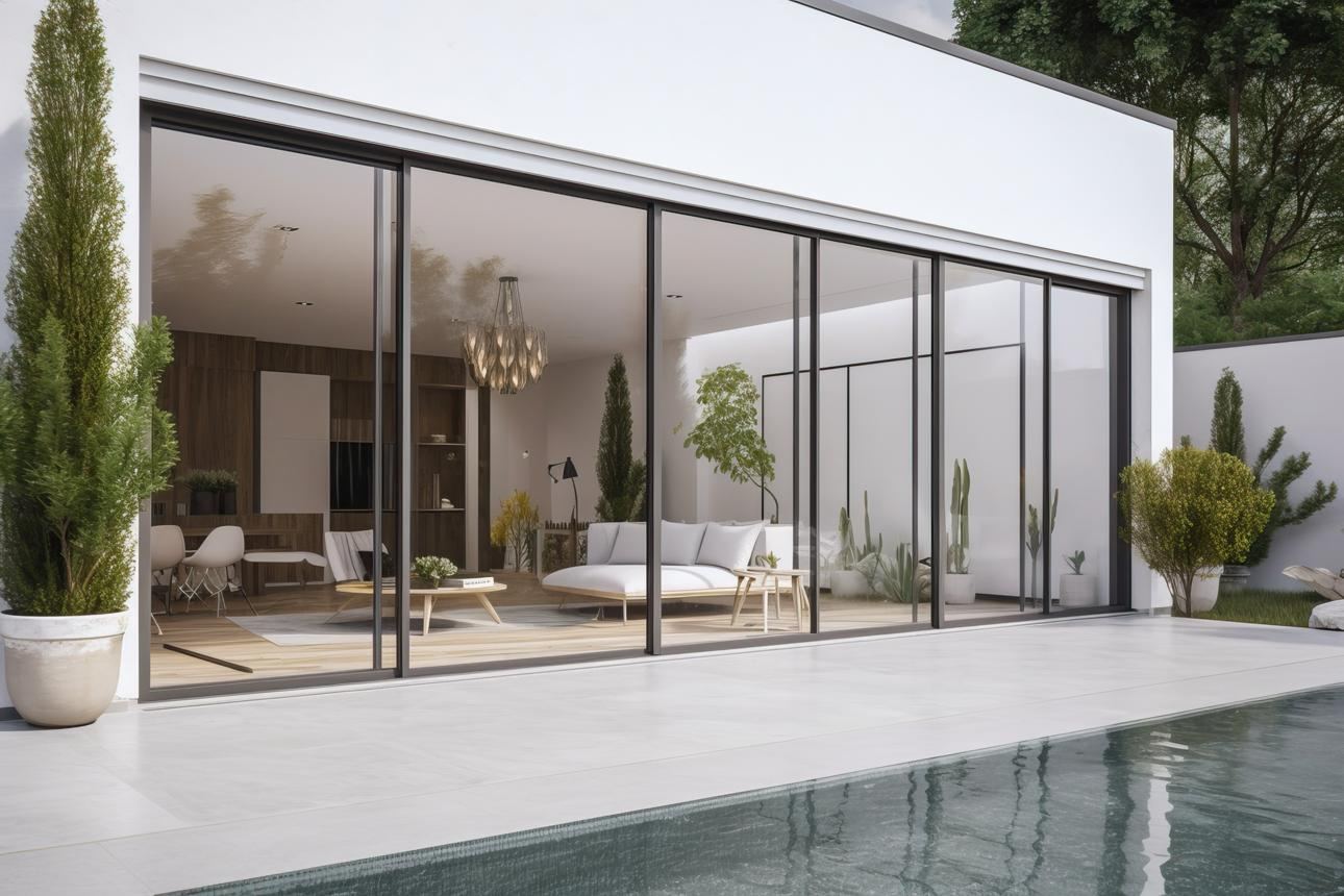 Sliding glass doors opening to a pool terrace